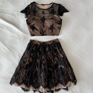 Beige With Black Lace Overlay 2-Piece Skirt Set